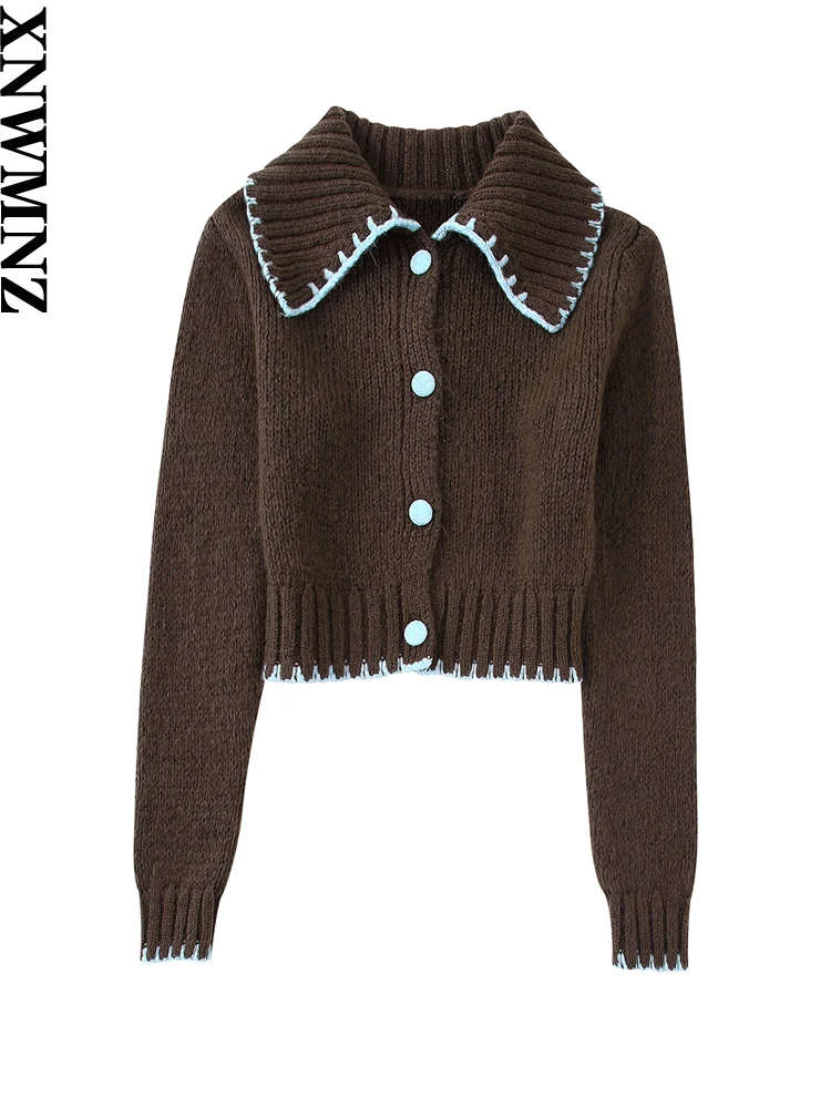 

XNWMNZ Women Fashion Contrast Topstitching Knit Sweater Jacket Vintage Long Sleeve Front Button Female Outerwear Chic Cardigan