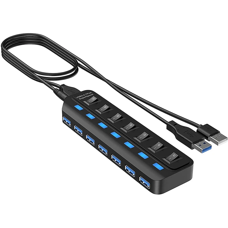 

USB 3.0 Hub,7 Port USB Hub Splitter With LED Individual Power Switches 5Gbps High Speed Data USB Extension For Laptop