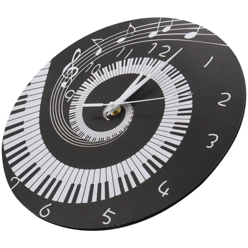 Quality Elegant Piano Key Clock Music Notes Wave Round Modern Wall Clock Without Battery Black + White Acrylic images - 6