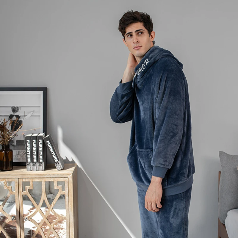 Winter New Men's Flannel Hooded Pullover Pyjama Set Thick Warm Long Sleeve Velvet Sleepwear Suit Couples Casual Home Costumes