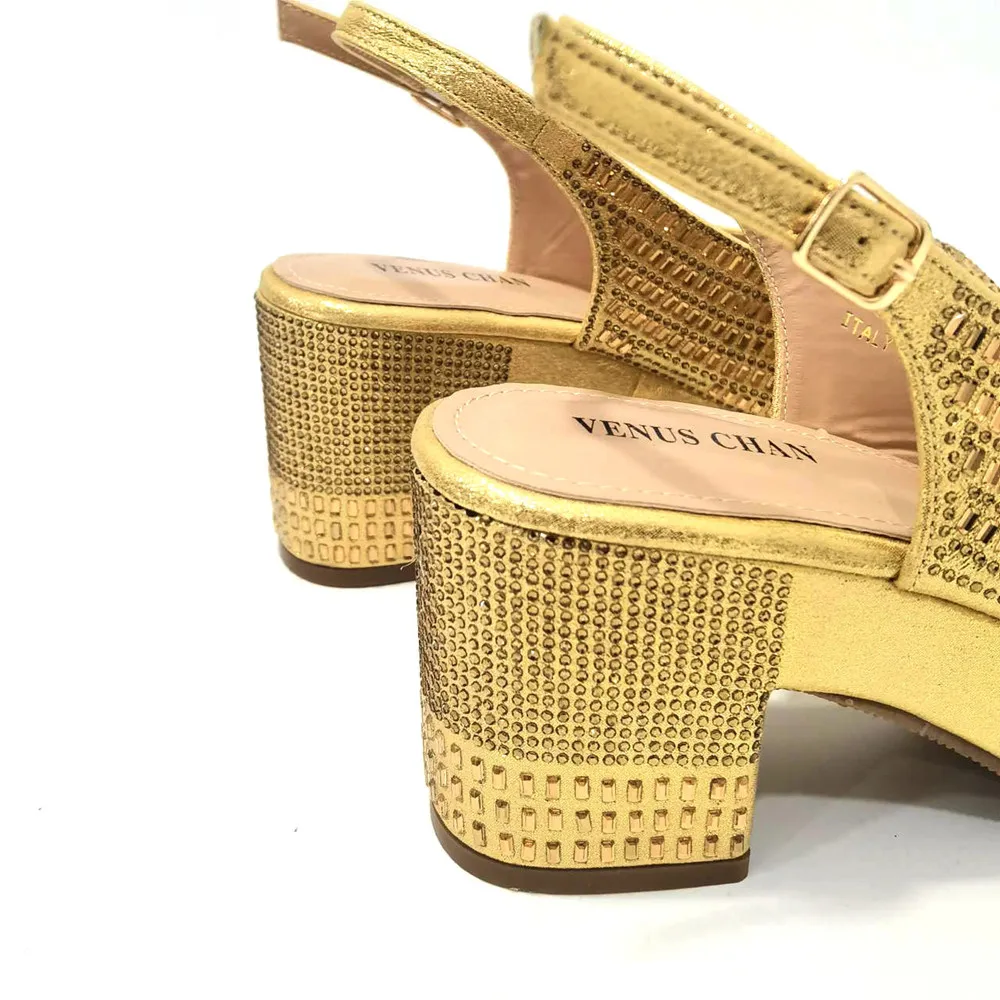 Venus Chan Latest Summer Women's Shoes High-Heeled Sandals Italian Design Rhinestone Golden Shoe and Bag set for Party in Ladies