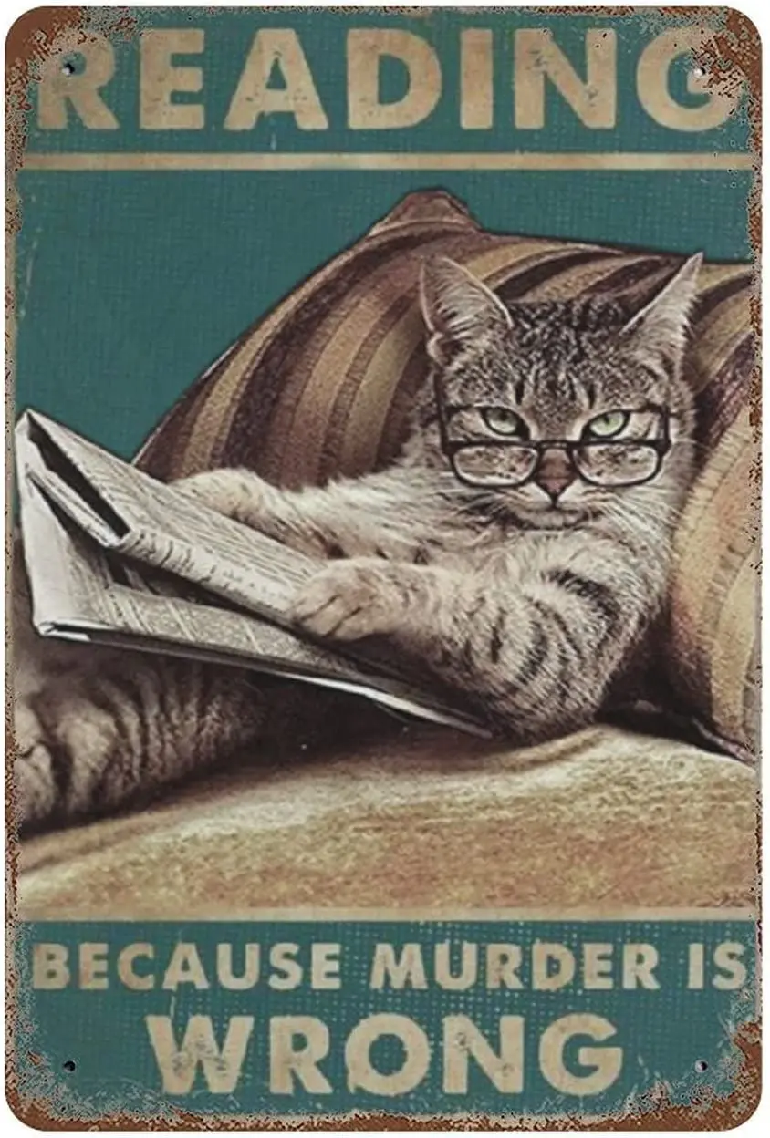 

Жестяной знак в виде кошки 12x8 дюймов в стиле InchesHome, чтение, потому что убийца не та, искусственный декор, металлический знак в стиле ретро