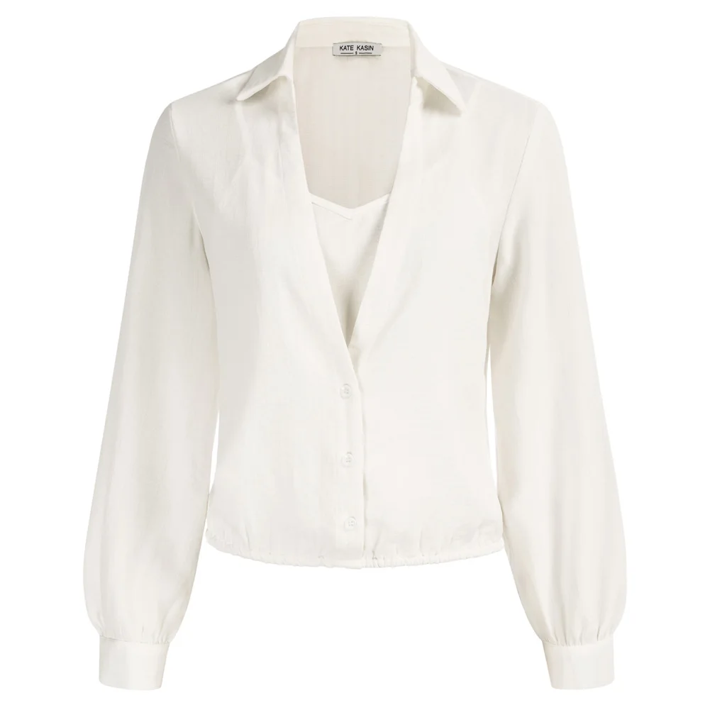 

Womens Shirt Faux Twinset Tops Long Sleeve Lapel Collar Elastic Hem Pullover Tops Solid Buttons Spring Summer Casual Blouse Lady