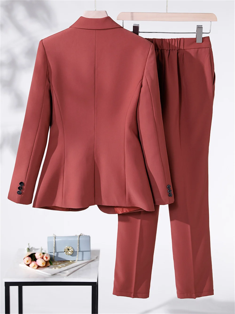 Women 2 Piece Set Coffee Red Black Blue Blazer Jacket and Trouser Office Ladies Business Work Wear Formal Pant Suit