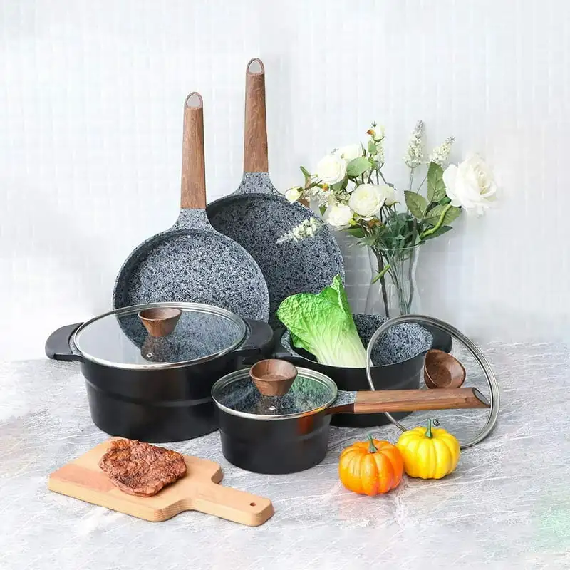 

Nonstick Cookware Dishwasher Safe Black Granite Pots and Pans Set