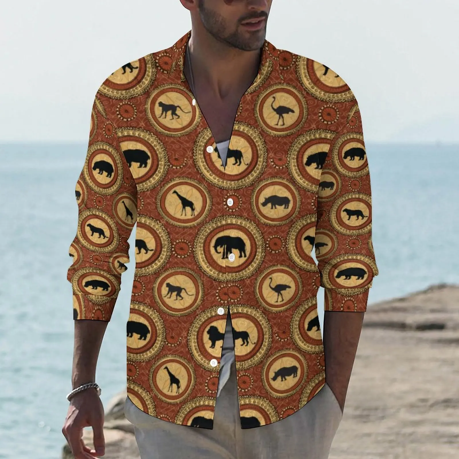 

African Animals Shirt Man Vintage Print Casual Shirts Autumn Y2K Graphic Blouses Long Sleeve Vintage Oversized Top Birthday Gift