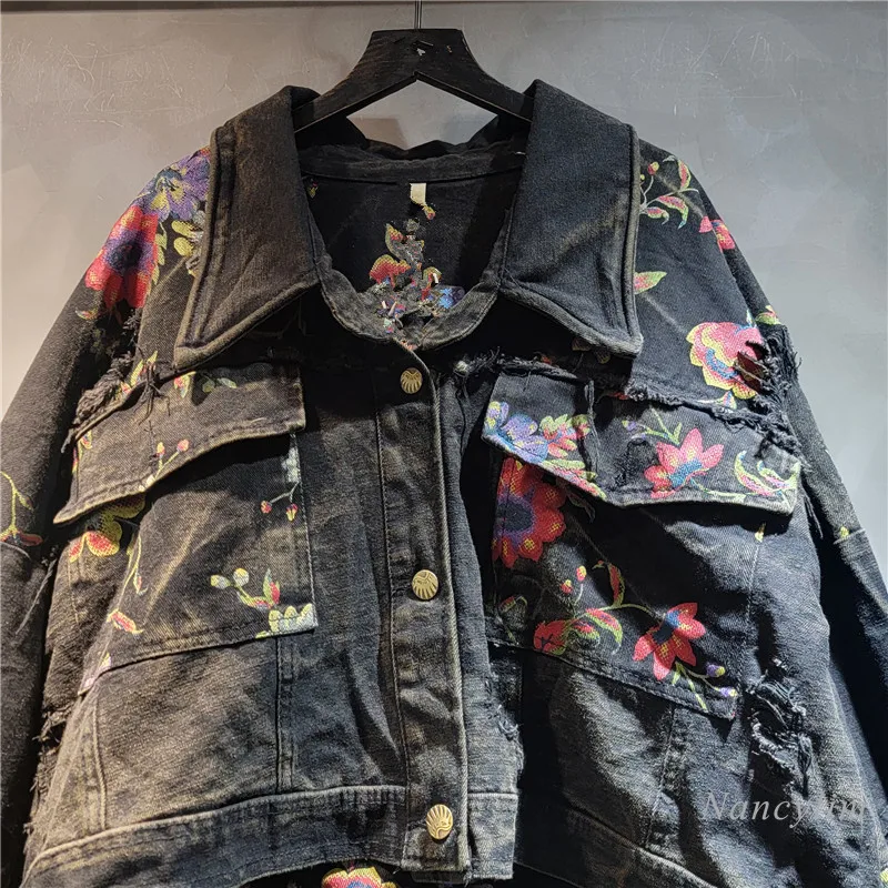 Женская джинсовая куртка свободная короткая в европейском стиле с принтом