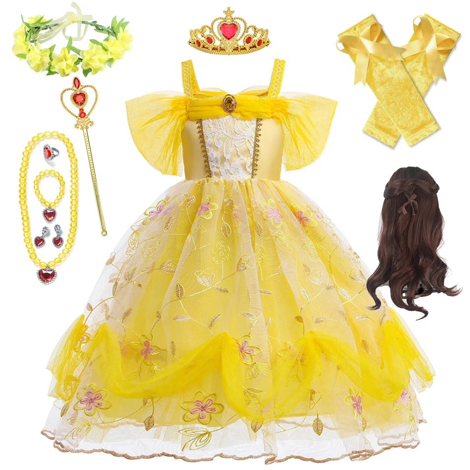 2022 Cosplay Belle Prinzessin Kleid Mädchen Kleider Für Schönheit Und Das Biest Kinder Party Kleidung Magie Stick Crown Kinder Kostüm