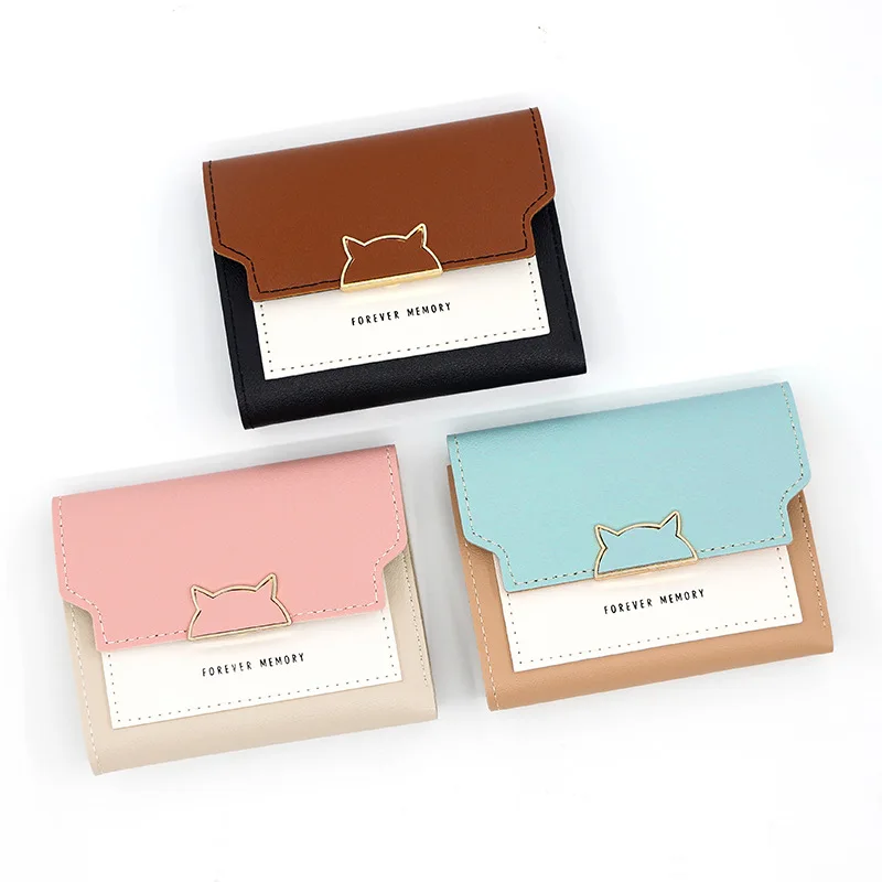 Ladies Purses Cat Metal Wallets for Women Tri Fold Cute Card Coin Holder Tarjetero Mujer Luxury Mini Girls Purse Pochette