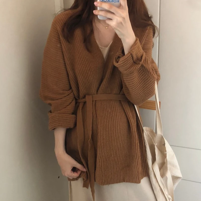 

Clothland Women Stylish Knitting Cardigan V Neck Belt Sashes Long Sleeve Basic Sweater Coat Causal Jacket Mujer CA830