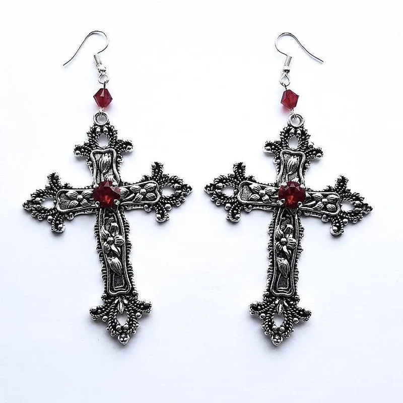 Gothic Red/Black Stones Silver-plated Cross Earrings Wedding Halloween Party Holiday Gift For Men And Women Daily Jewelry