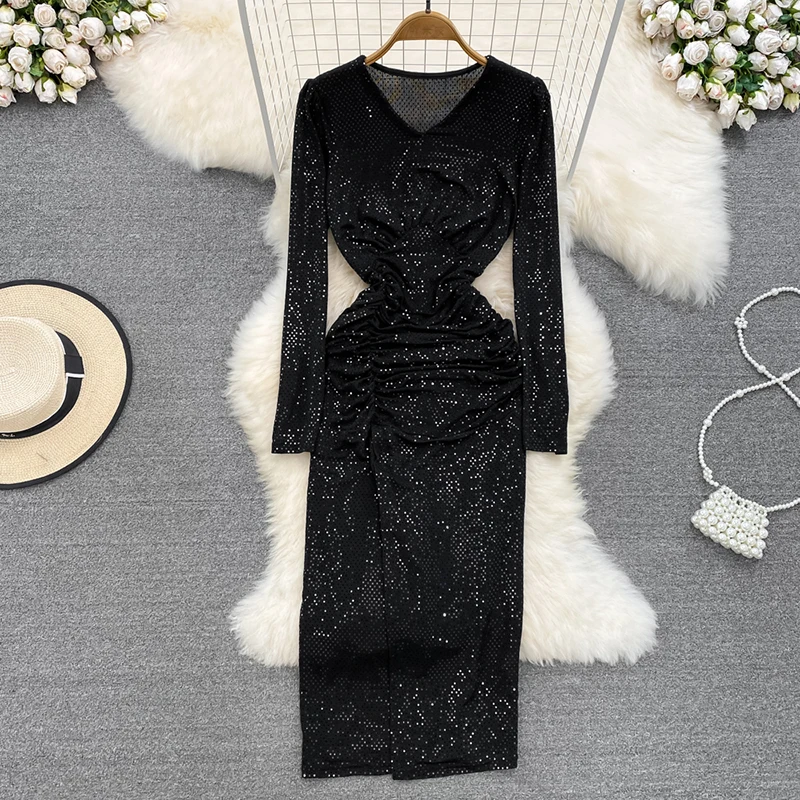 

Длинные вечерние женские платья с длинным рукавом, элегантное платье с блестками на осень и зиму, винтажное платье с блестками, Vestidos Mujer