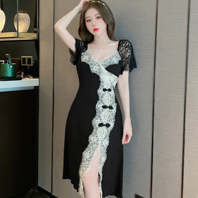 Modal Black Sleepdress Summer Side Split Kimono Dressing Gown Short Sleeve Soft Nightwear Lace Patchwork Nightgown Loungewear