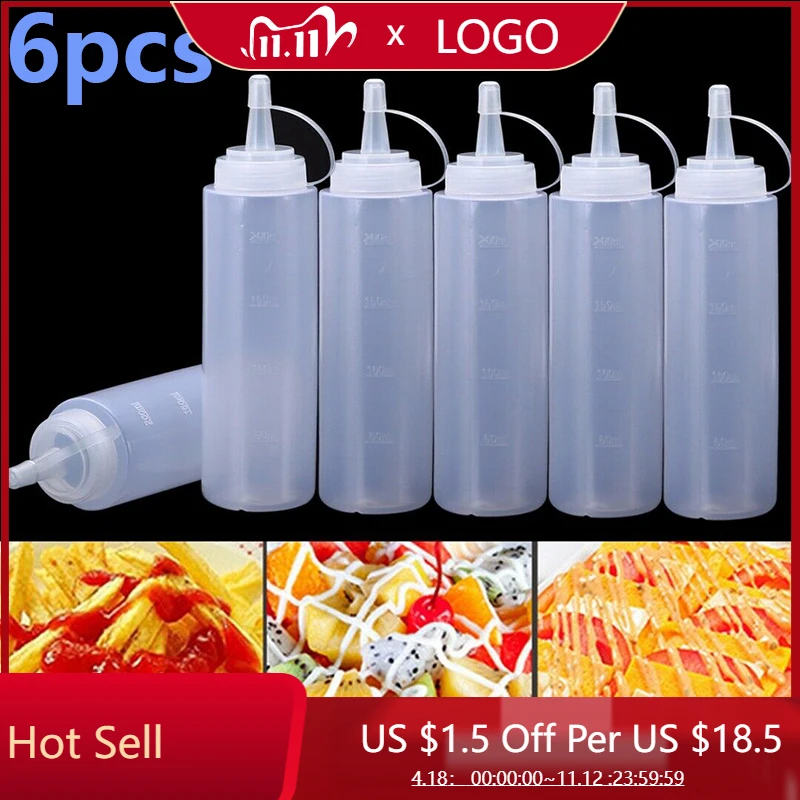 6pcs 240ml Plastic 8oz Squeeze Bottle Condiment Dispenser Mustard Sauce Ketchup For Sauce/oil/vinegar Kitchen Tools & Gadgets