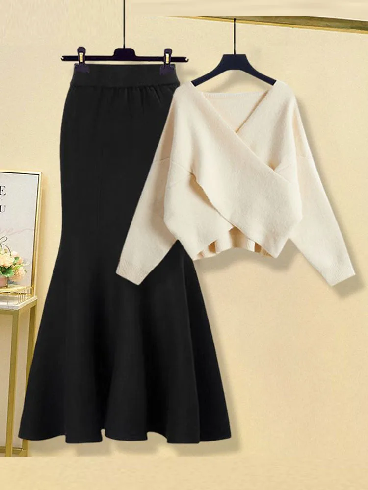

2023 Winter Warm Knitwears Two Piece Sets For Women Cross Long Sleeve V Neck Sweater And Black Mermaid Knitting Skirts Sets