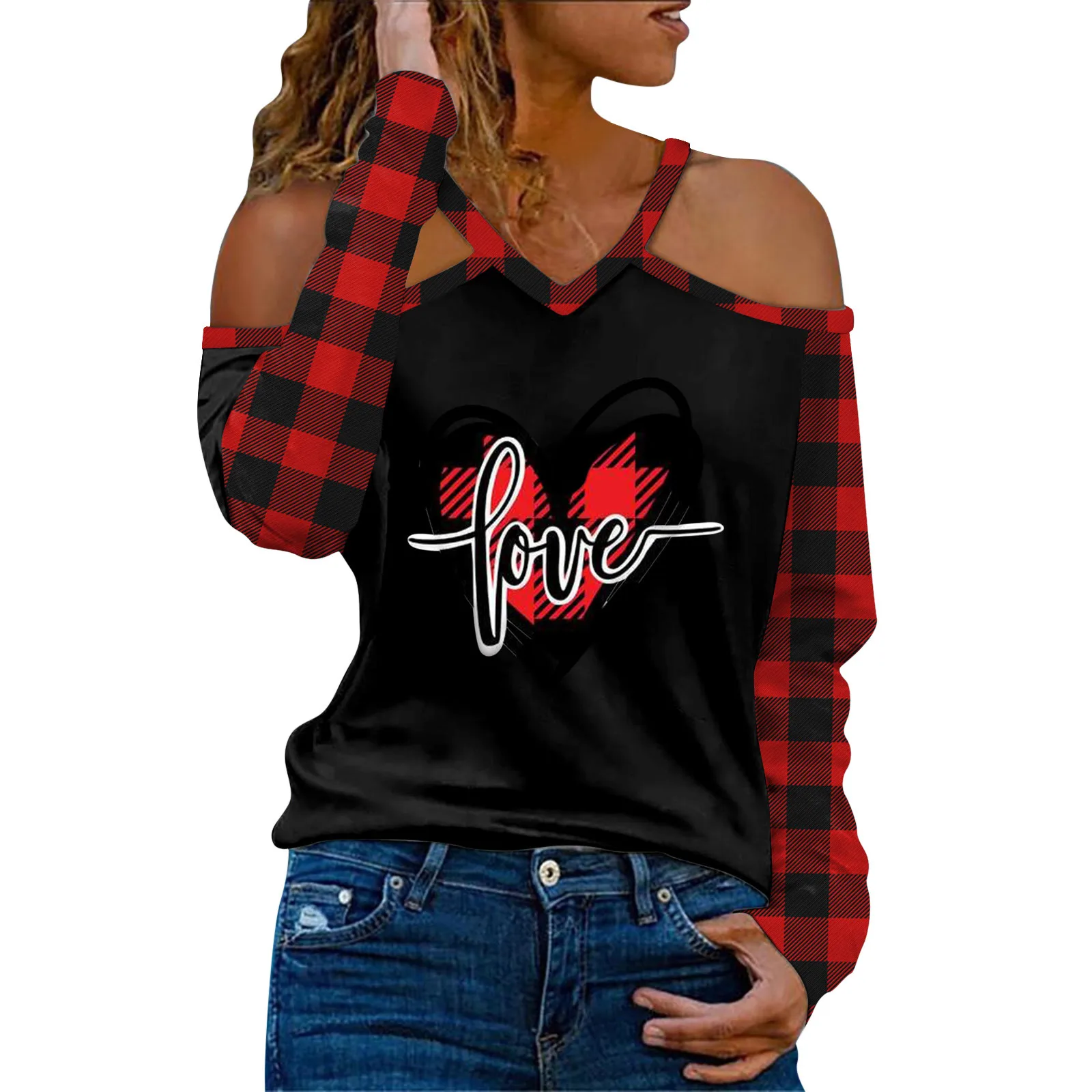 

Womens Fashion Print V Neck Off Shoulder Long Sleeve Top