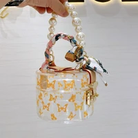 2022new transparent jelly women bag small acrylic pearl lock print butterfly portable bucket mini bags purses ladies bag summer