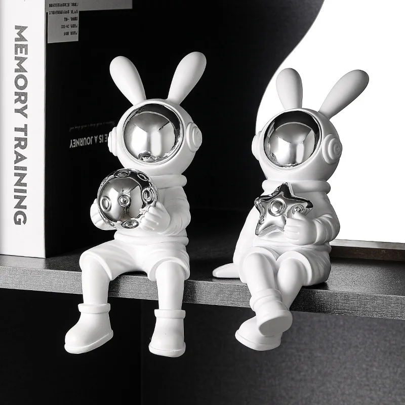 

Creative Modern Handicraft Set Of 2pcs Astronaut Rabbit Figurines Bookcase Decoration Porch Decoration Accessories Animal Statue