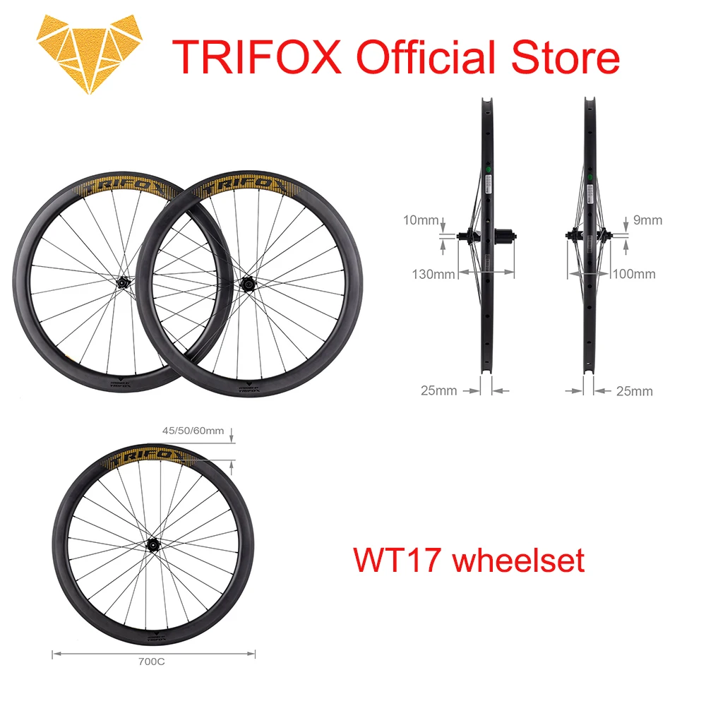 

TRIFOX Official Store V Brake 700C X 25C Depth 45mm/50mm/60mm Quick Release Full Carbon Fiber Road Bike Wheelset WT17