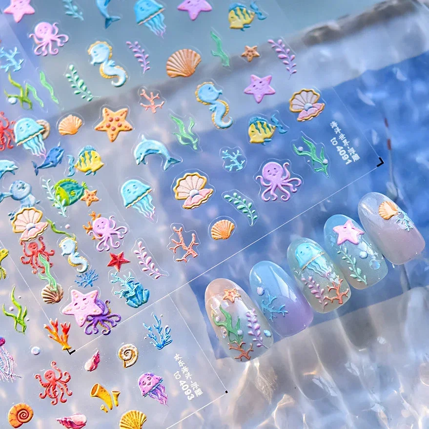 Summer Sea Ocean Coral Dolphin Jellyfish Cuttlefish Shell Beach Conch Starfish Relief Decoration Nail Art Sticker Manicure Decal