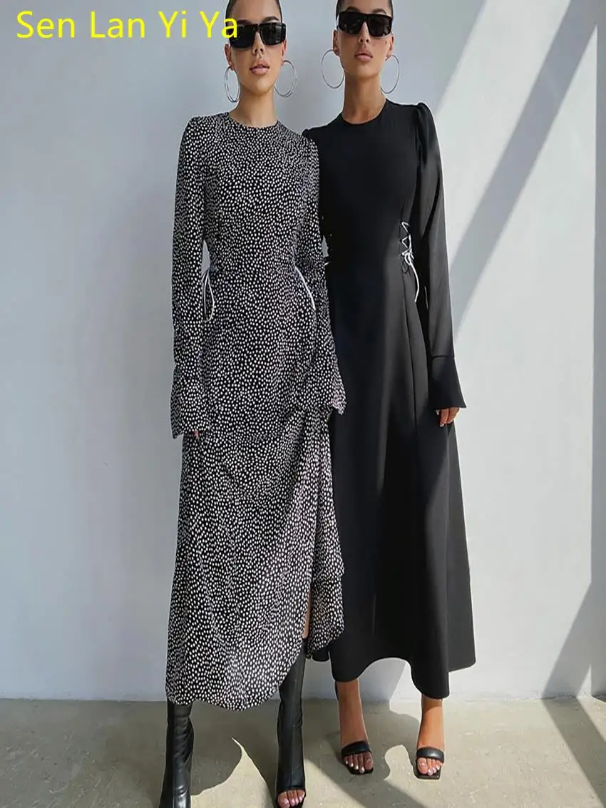 

Модные черные весенние платья Sen Lan Yi Ya с принтом на шнуровке для женщин 2023 элегантные тонкие свободные длинные платья с круглым вырезом и расклешенными рукавами