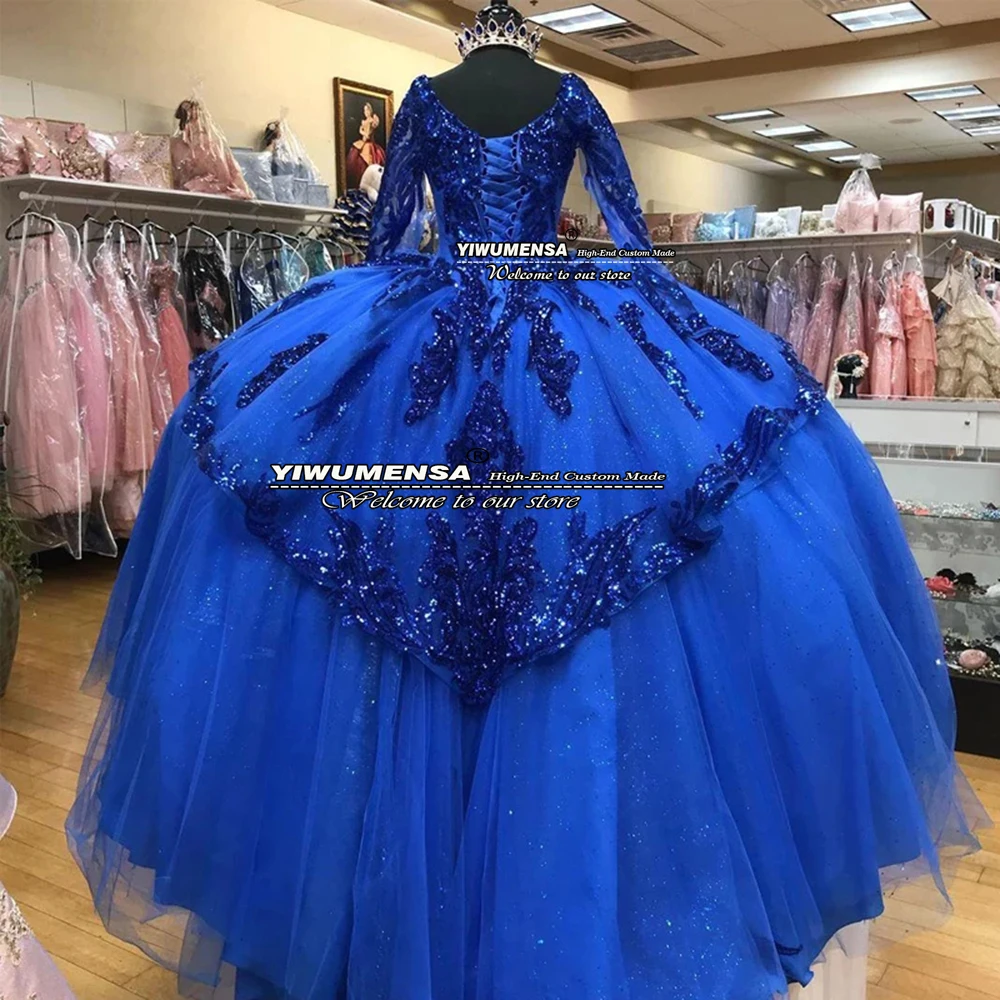 

Royal Blue Grils Quinceanera Dresses Lace-Up Sparkly Sequins Beading Appliques Sweet 16 Ball Gowns Vestidos De Cocktail 15 Años