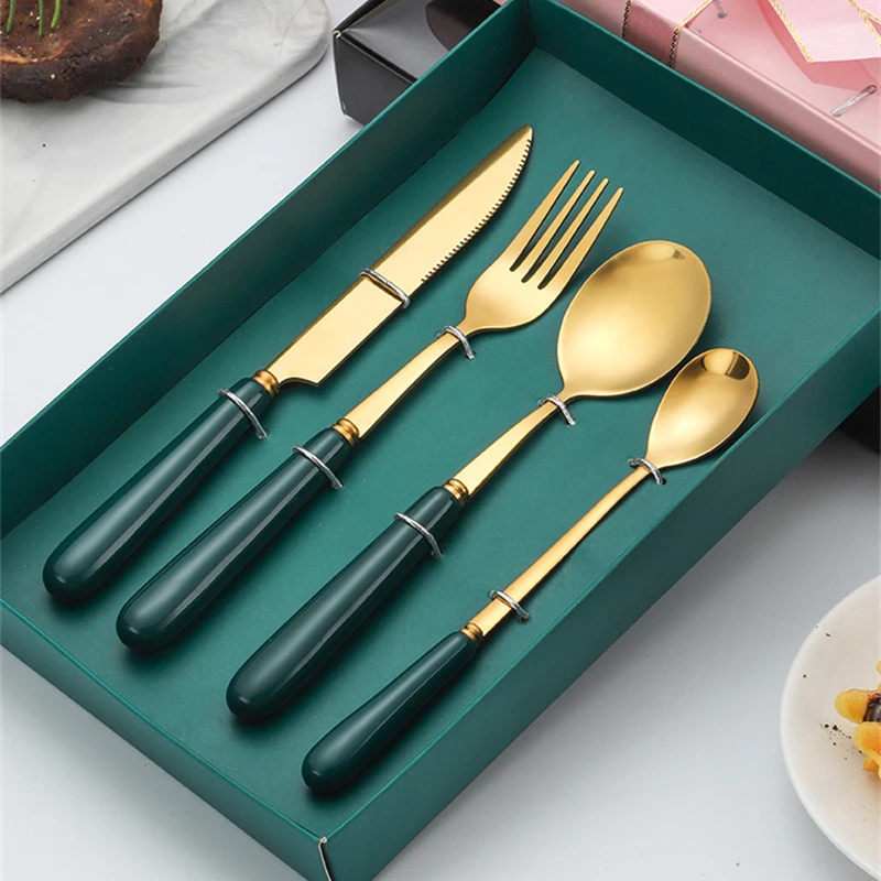 

4pcs Stainless Steel Tableware Set Ceramic Handle Knife Fork Spoon Flatware Luxury Dinnerware Household Kitchen Dinner Cutlery