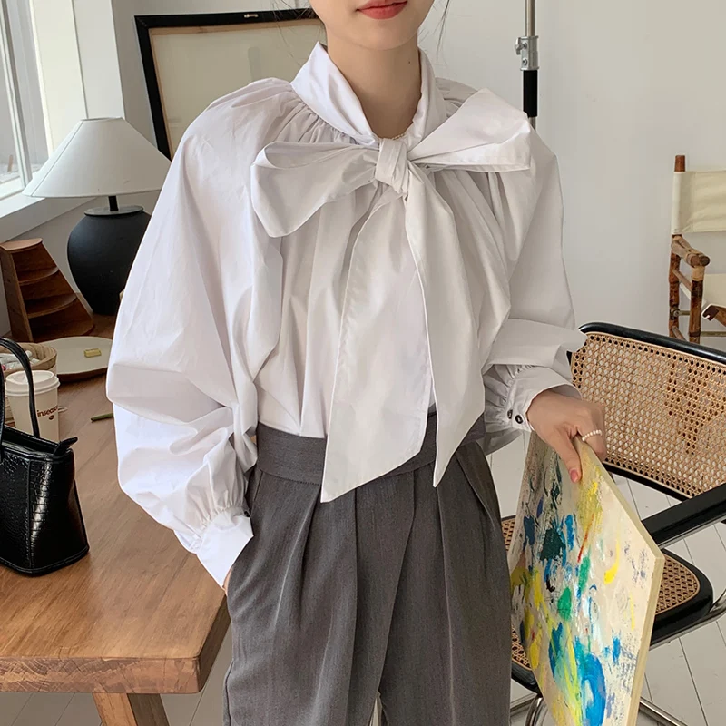 

SuperAen Sweet Stand Bow Front and Back Wear Puff Sleeve Women Shirts+high Waist Suit Trousers Office Lady