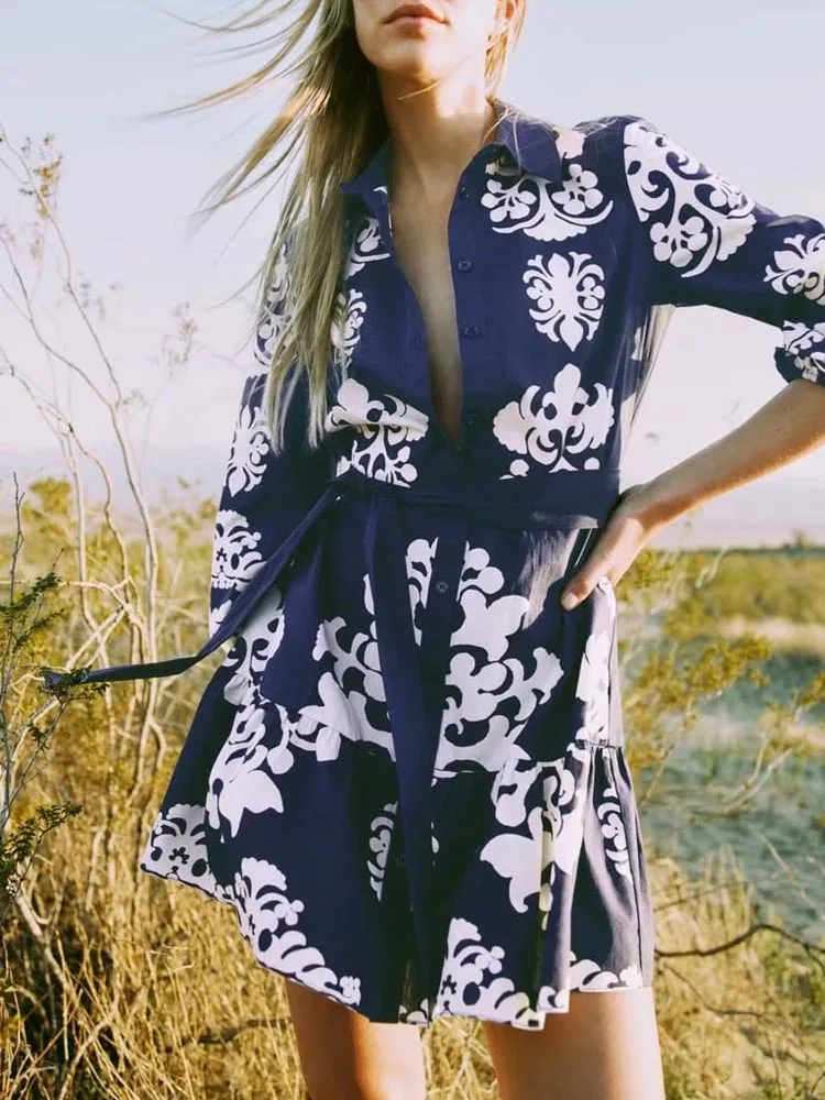 

Kumsvag 2022 Summer Women Vintage Shirts Dress Floral Print Sashes Bow Tie Turn-down Collar Female Elegant Street Mini Dresses