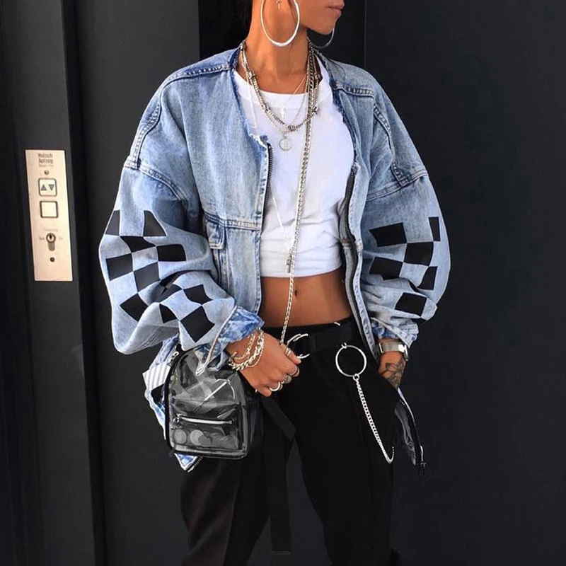 

Women Denim Jacket Spring 2022 New Loose Plaid Print Zip Top Denim Jacket Hip Hop Streetwear Outwear Jacket Ladies Plus Size 4XL