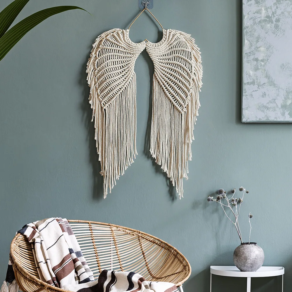 Wall Hanging Macrame Tapestry Nordic Style Angel Wings Bohemian Hand-Woven Door Curtain Boho Bedroom Children's Room Decoratio