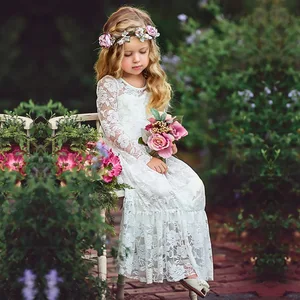 Girls Princess Long Sleeve Lace Dresses Kids Flower White Girl Wedding Party Dress Clothes Vestidos  in Pakistan