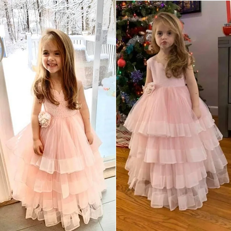 

Розовые платья для девочек с цветами в несколько рядов с 3D цветами, тюлевые платья с прозрачным вырезом для маленьких девочек, свадебные пла...