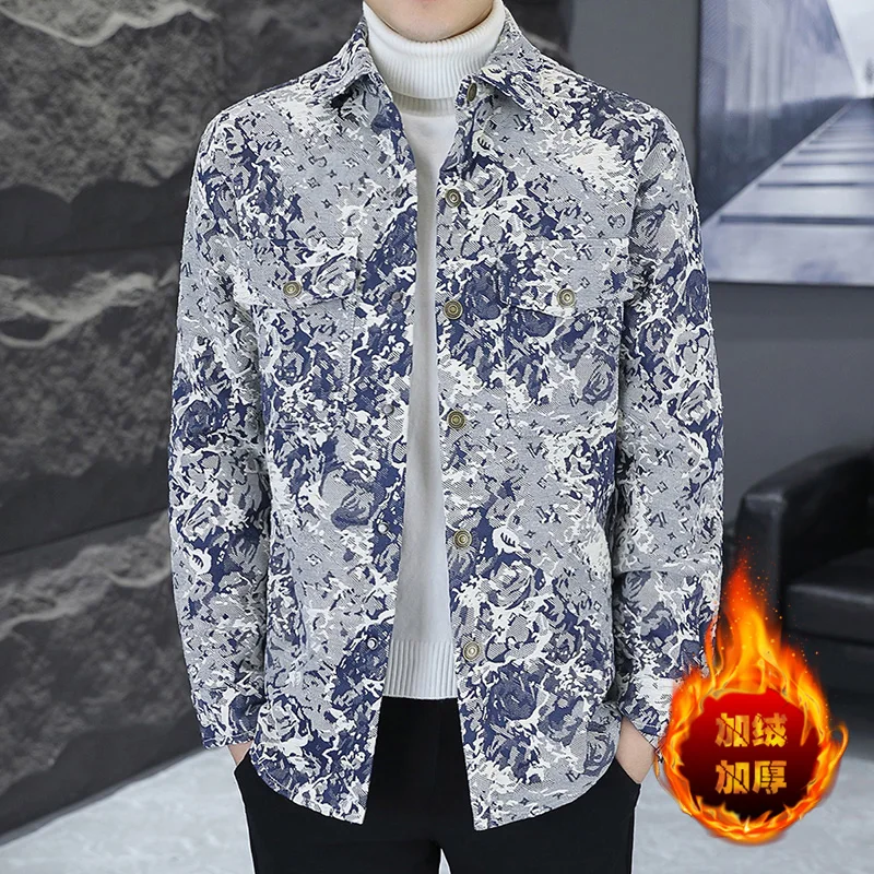 Осенне-зимнее Модное Новое мужское повседневное шерстяное пальто с принтом