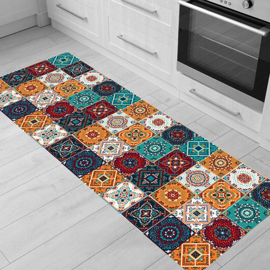 

Mandala Plaid Print Rug Kitchen Anti-Slip Absorbent Rug Corridor Rectangular Entrance Door Mat Washable Bedroom Beautiful Rug