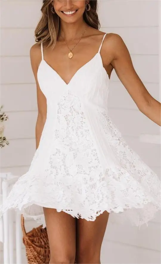 

Новое модное женское платье на бретельках с V-образным вырезом, кружевное однотонное Летнее мини-платье для клуба, стиль улицы, горячая Распродажа, женское платье