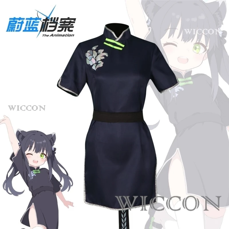 Аниме Синий Архив Косплей Sunohara Shun Chilhood Костюм Темно-Синее Платье Cheongsam Заколки