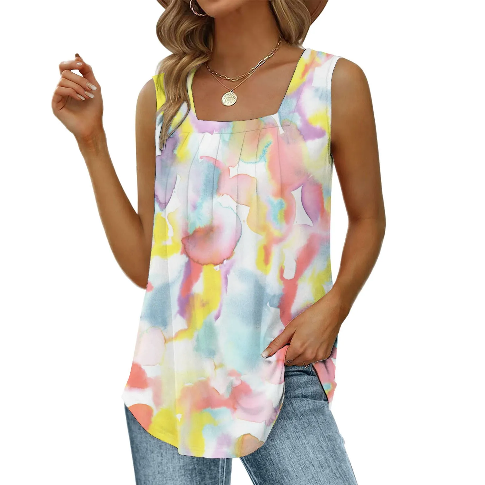 

Print T-shirt Women Casual Sleeveless Square Neck Tank Tops Loose Fit Pleated Curved Hem Flowy Vest Shirt Graphic Ladies Tshirt