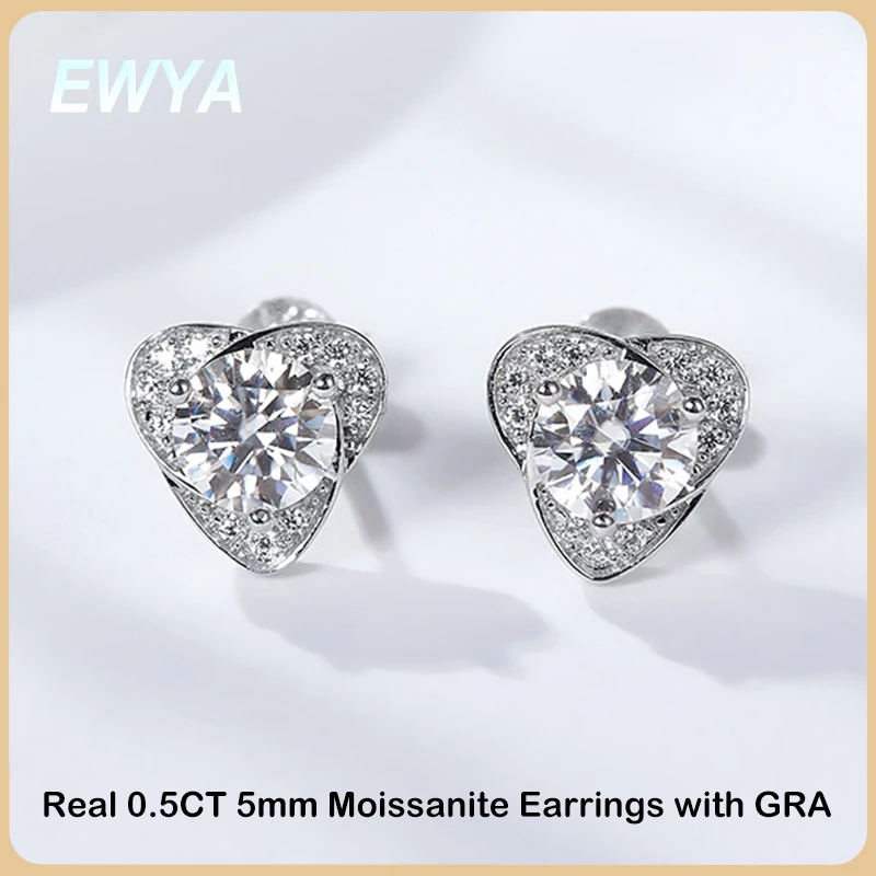 

EWYA Trendy D Color 0.5CT 5mm Clover Moissanite Stud Earrings For Women Girls Fine Jewelry S925 Silver Diamond Ear Plug Earring