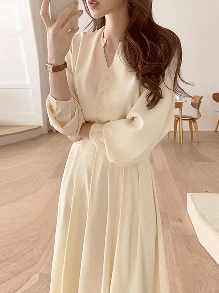 

Sister Fara Spring O-Neck Lacing Strap Dresses for Women's High Waist Pleated Dress Autumn Female Long Sleeve Casual Mid Dresses