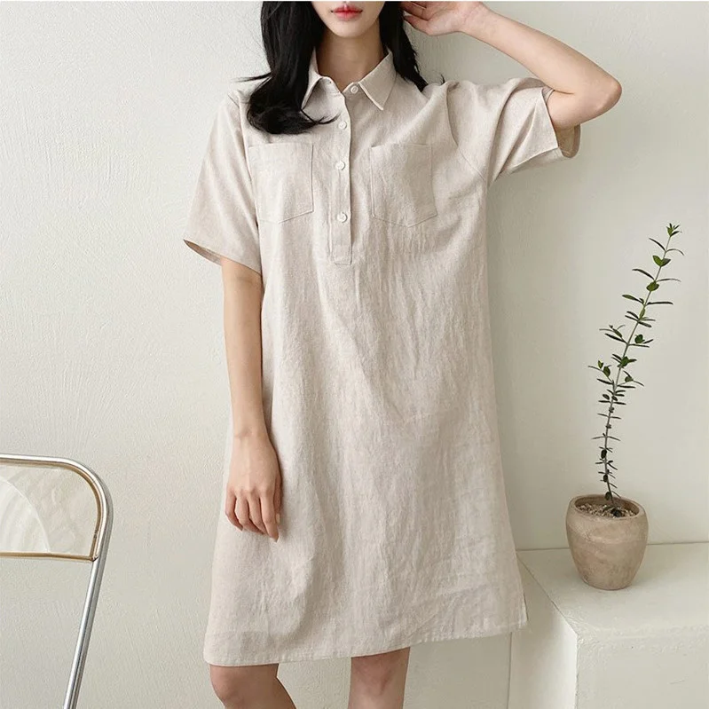 

Pol Collar Small Fresh Pullover Short Sleeve A-line Skirt 2022 Small Casual Loose Linen Medium Length Dress Large