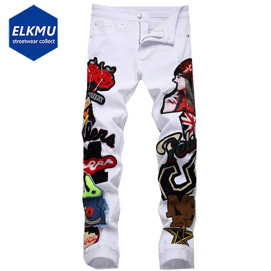 

Punk Jeans for Men Sequins Girl Embroidery Fashion Slim White Denim Jeans Pants Man Streetwear Hip Hop Jeans Trousers Harajuku