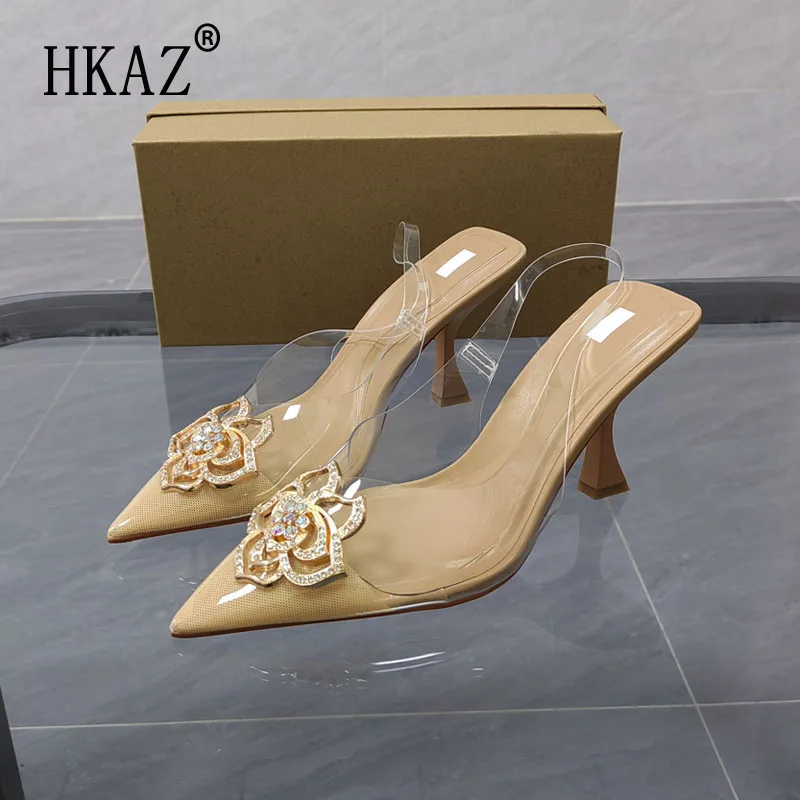 

Shoes For Women 2023 Summer New Water Diamond Flower Pointed High Heels Thin Heel Banquet Transparent Sandals