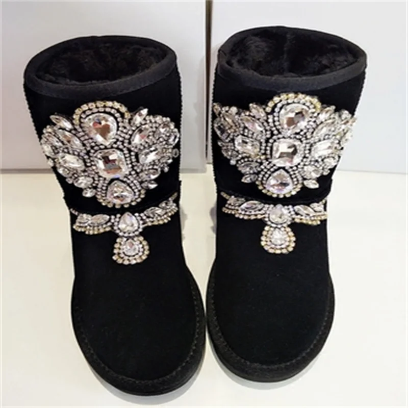 

Heavy-duty gemstone diamond leather waterproof mid-tube women's snow boots thickened women's boots 35-40