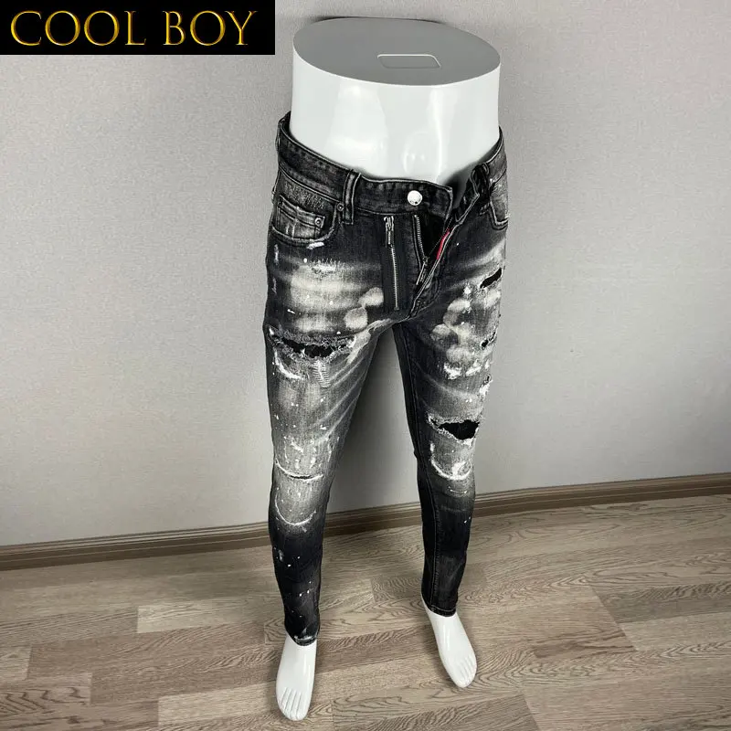 

Джинсы мужские зауженные рваные эластичные, рваные джинсы с дырками, в стиле ретро, дизайнерские брендовые штаны в стиле хип-хоп, Черные Серые, уличная одежда