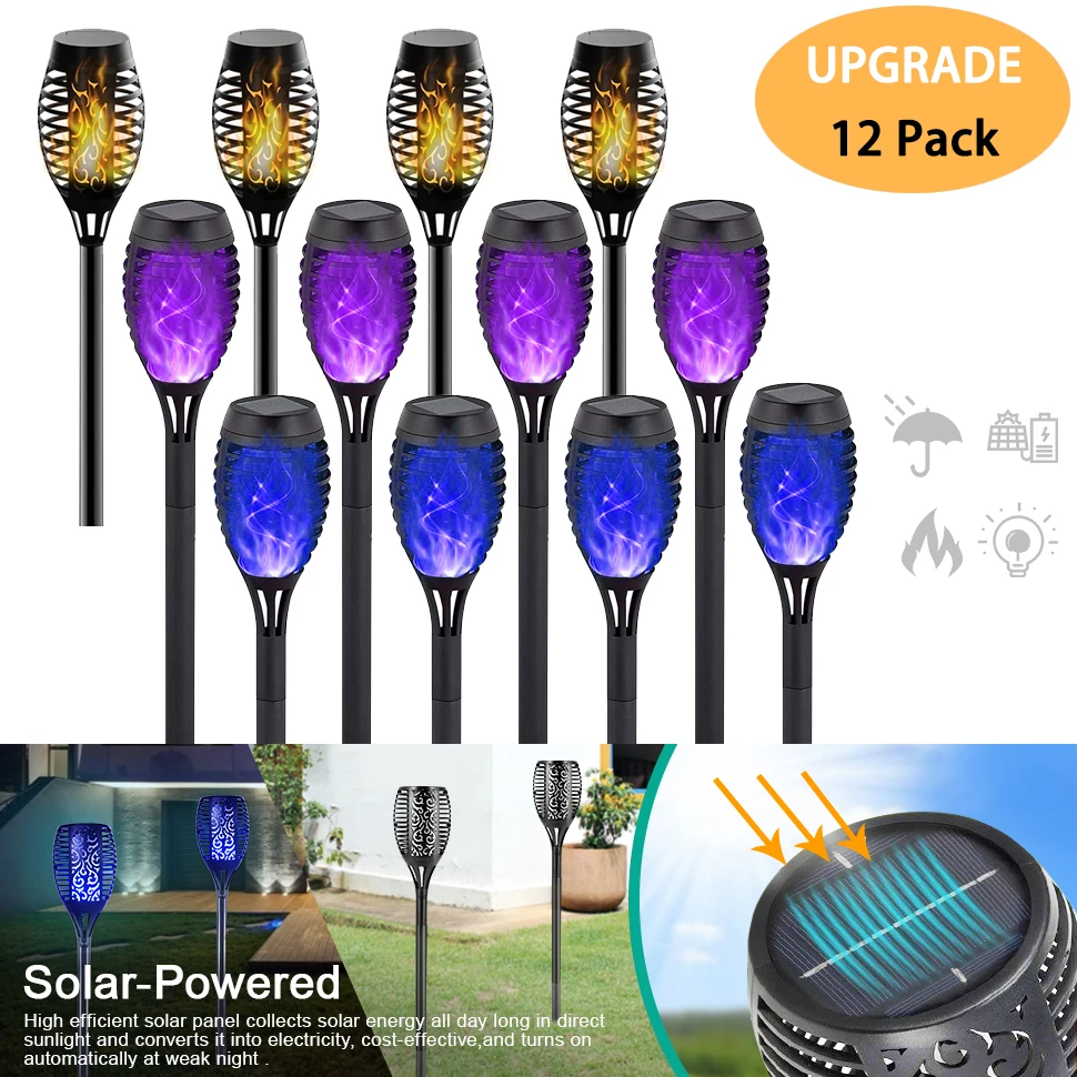 

12LED Solar Flame Torch Light Flickering Waterproof Blue Purple Yellow Lamp Garden Outdoor Lawn Path Yard Patio Decoration Lamp