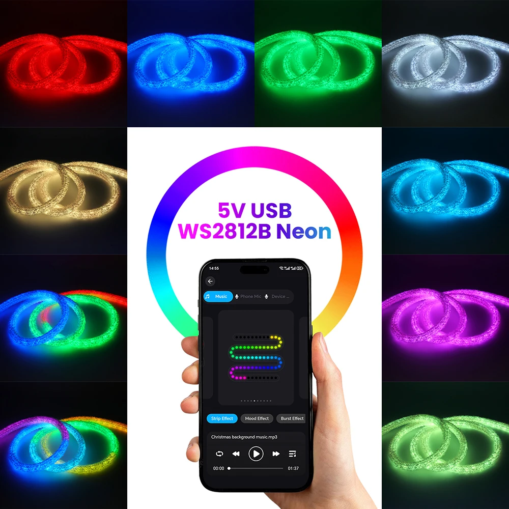 Фото Пушистый бархатный неоновый свет RGB 360 Круглая трубка WS2812B 5 В USB светодиодная лента с 24 клавишами ИК Bluetooth Пульт дистанционного управления Водонепроницаемый домашний декор №3