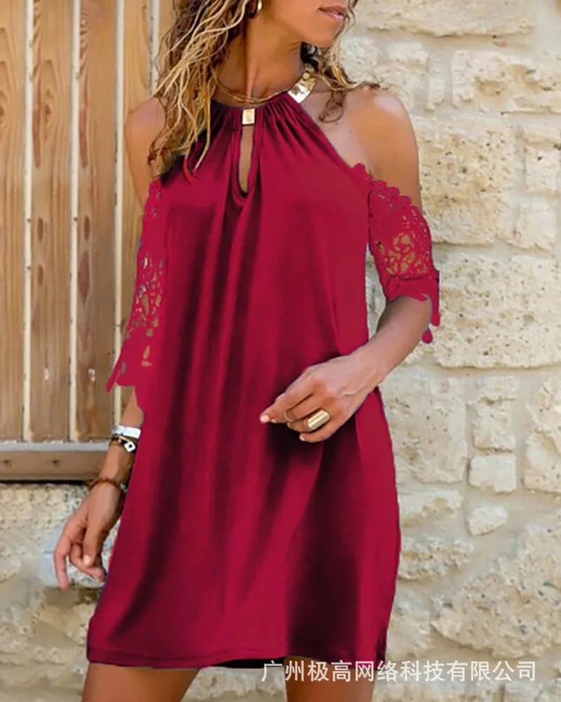 

Women's Clothing 2022 Summer Solid Color Strapless Lace Stitching Halter Casual Skirt Mini Dress Half Sleeve