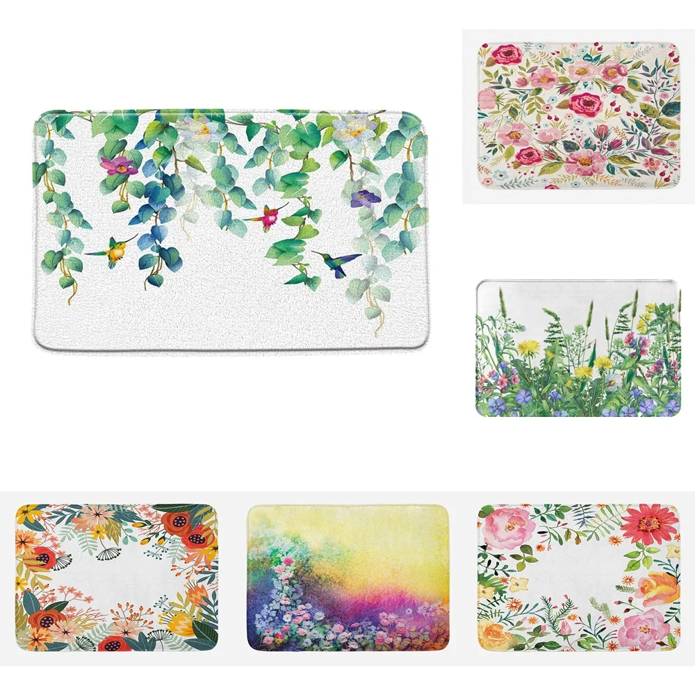 

Spring Flower Bath Mat Ivy Blooming Floral Nature Carpet Non-Slip Foot Pad Pink Bathroom Rug Pastoral Plant Bird Kitchen Doormat