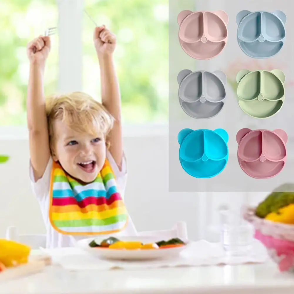 

3 Grids Children's Dishes Baby Silicone Sucker Bowl Baby Bear Face Plate Tableware Set Smile Face Baby Tableware Set Kids Plate